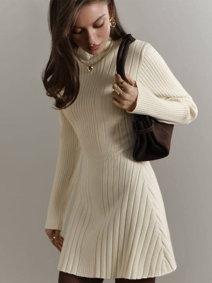 Long Sleeve High Neck Sweater Dress S / White