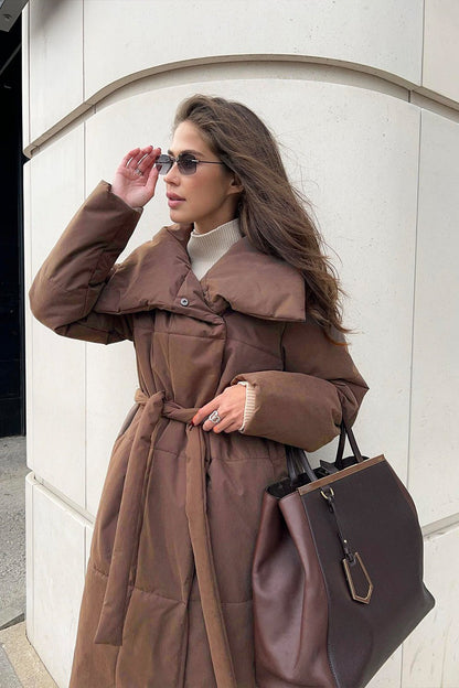 Long Stand Collar Puffer Jacket S / Brown