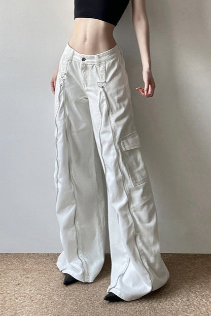 Long Zipper Pocket White Cargo Wide Leg Jeans