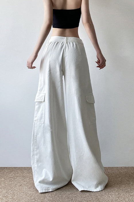 Long Zipper Pocket White Cargo Wide Leg Jeans