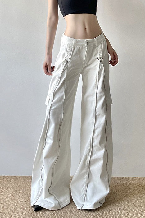 Long Zipper Pocket White Cargo Wide Leg Jeans