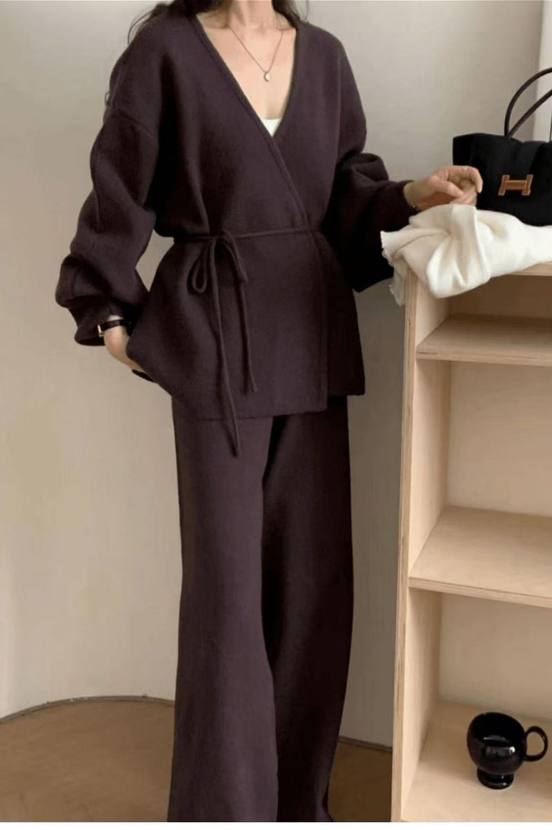 Loose Belted Knit Cardigan Wide-Leg Pants Two Piece Set