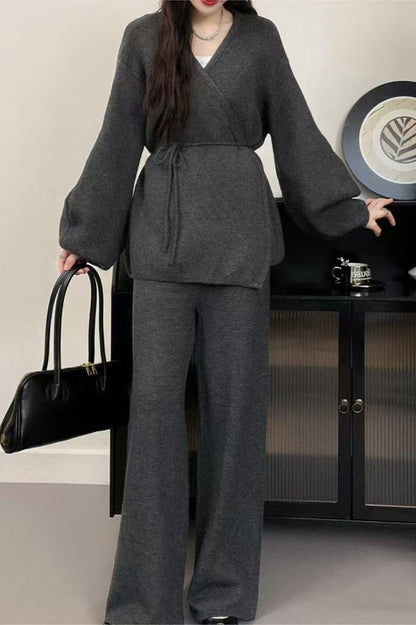 Loose Belted Knit Cardigan Wide-Leg Pants Two Piece Set