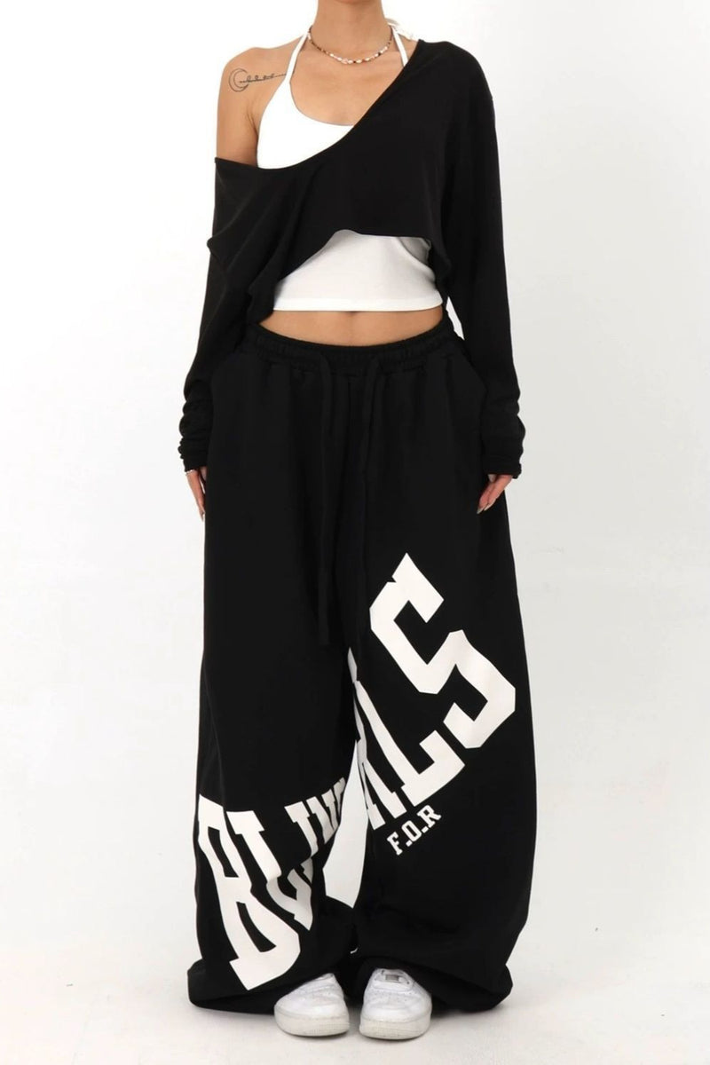 Loose Elastic Letter Printed Casual Pants