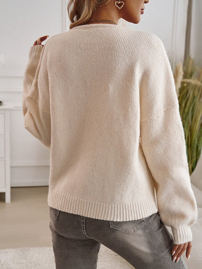 Loose Fit Button-Down Tie-Front Solid Color Sweater