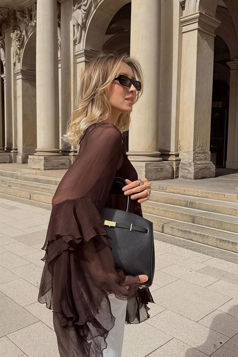 Loose Fit Ruffled Chiffon Round Neck Blouse