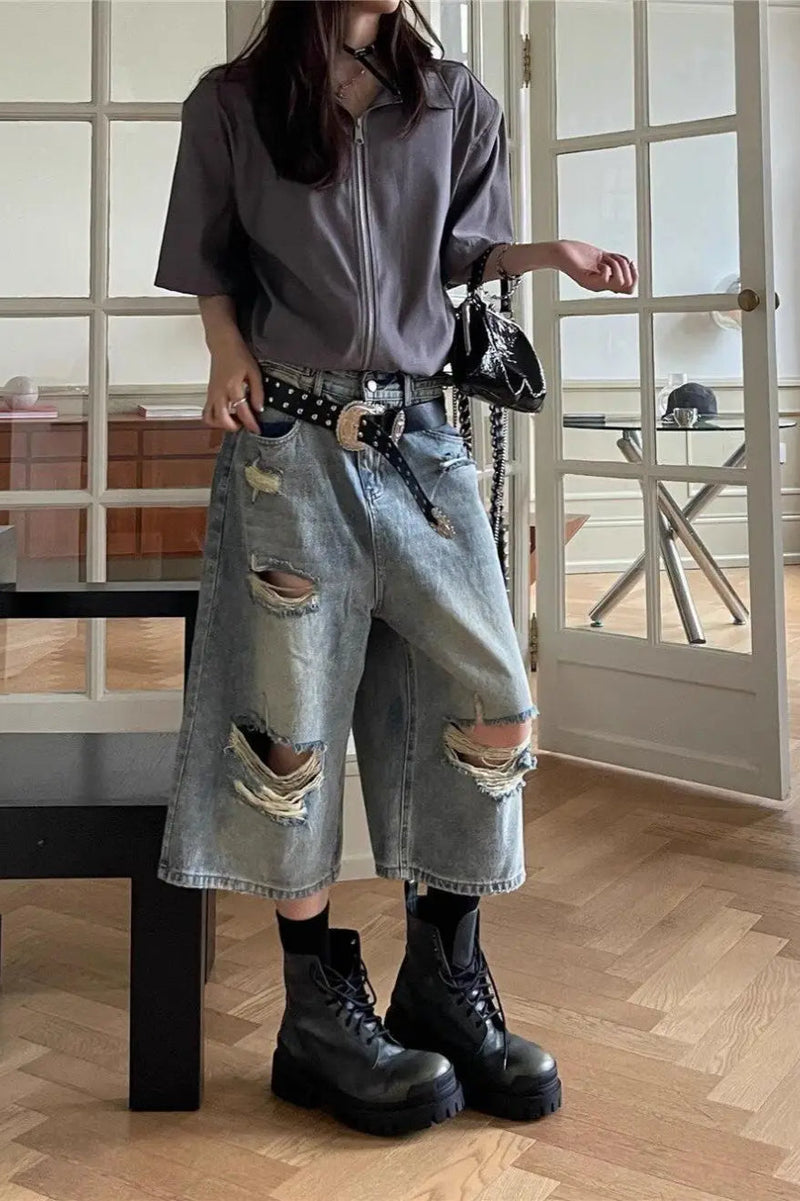 Loose Ripped Capri Wide Leg Jeans Blue / S