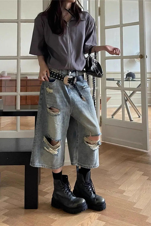 Loose Ripped Capri Wide Leg Jeans Blue / S
