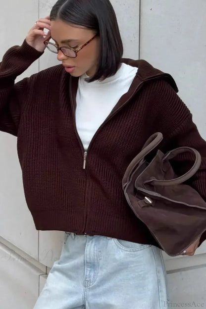 Loose Solid Zip Lapel Cardigan Brown / S