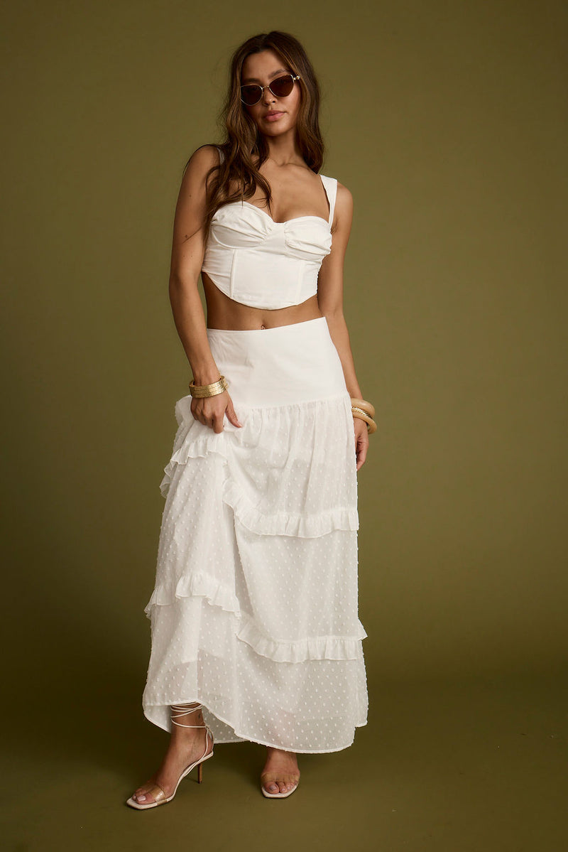 Liana White Low Rise Maxi Skirt styled in a complete look from an alternate angle.