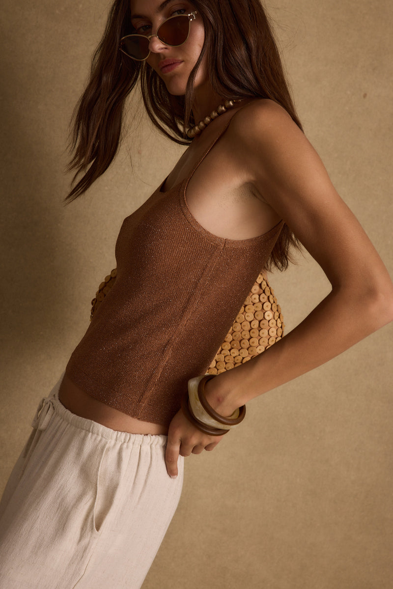 Detail shot of the Lucero Bronze Lurex Tank highlighting the design elements.