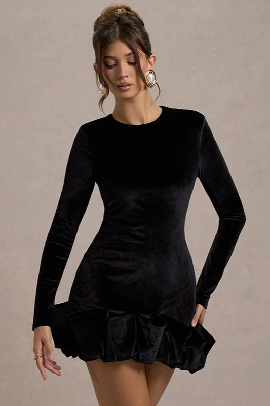 Luxe Velvet Crew Neck Pleated Long Sleeve Mini Dress