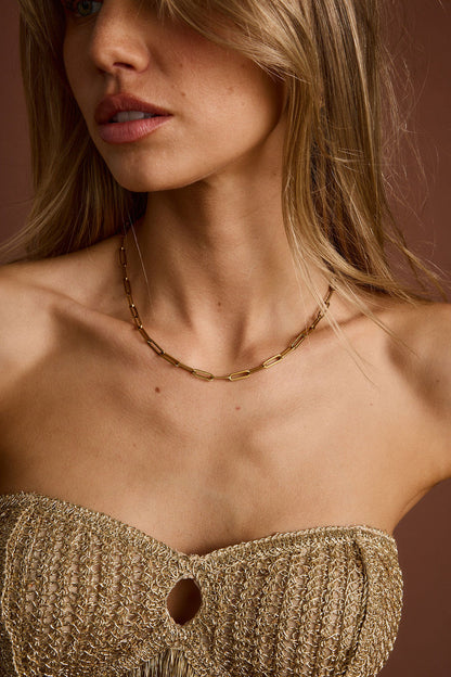 Lyra Gold Link Necklace shown from a different angle, highlighting the metalwork details.