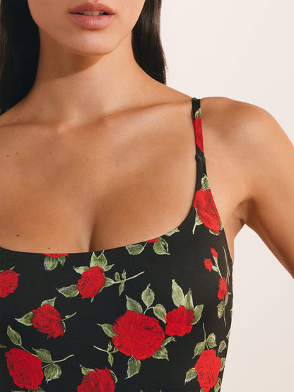PAOLA roses rouge floral swimsuit, detail of open back by Rouje x Etam