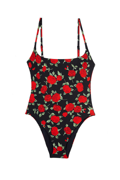 PAOLA roses rouge floral one-piece swimsuit, flat packshot by Rouje x Etam
