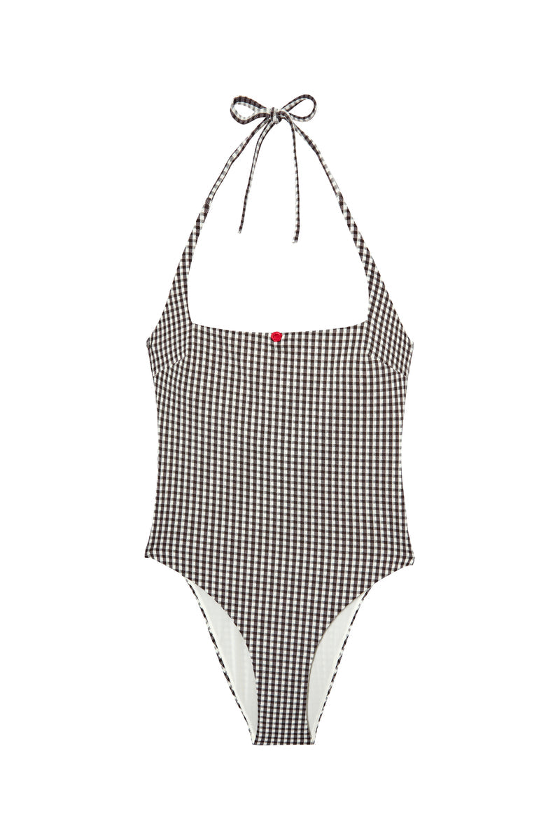 PAOLA black gingham one-piece swimsuit, flat packshot by Rouje x Etam