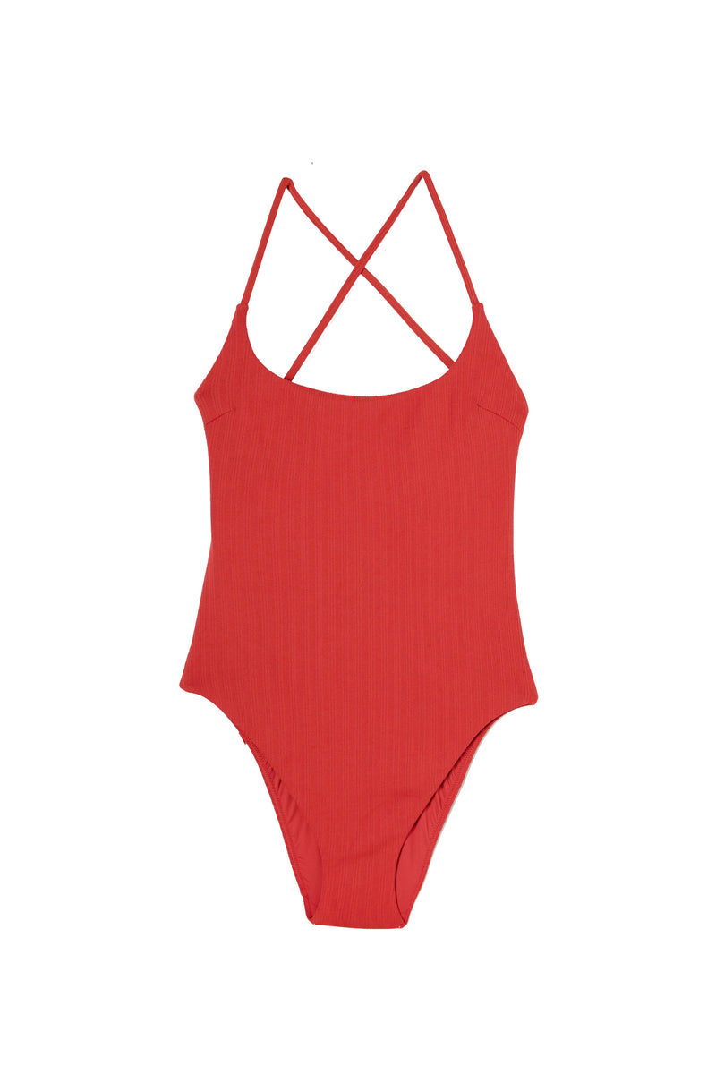 STELLA red lace-up one-piece swimsuit, flat packshot by Rouje x Etam