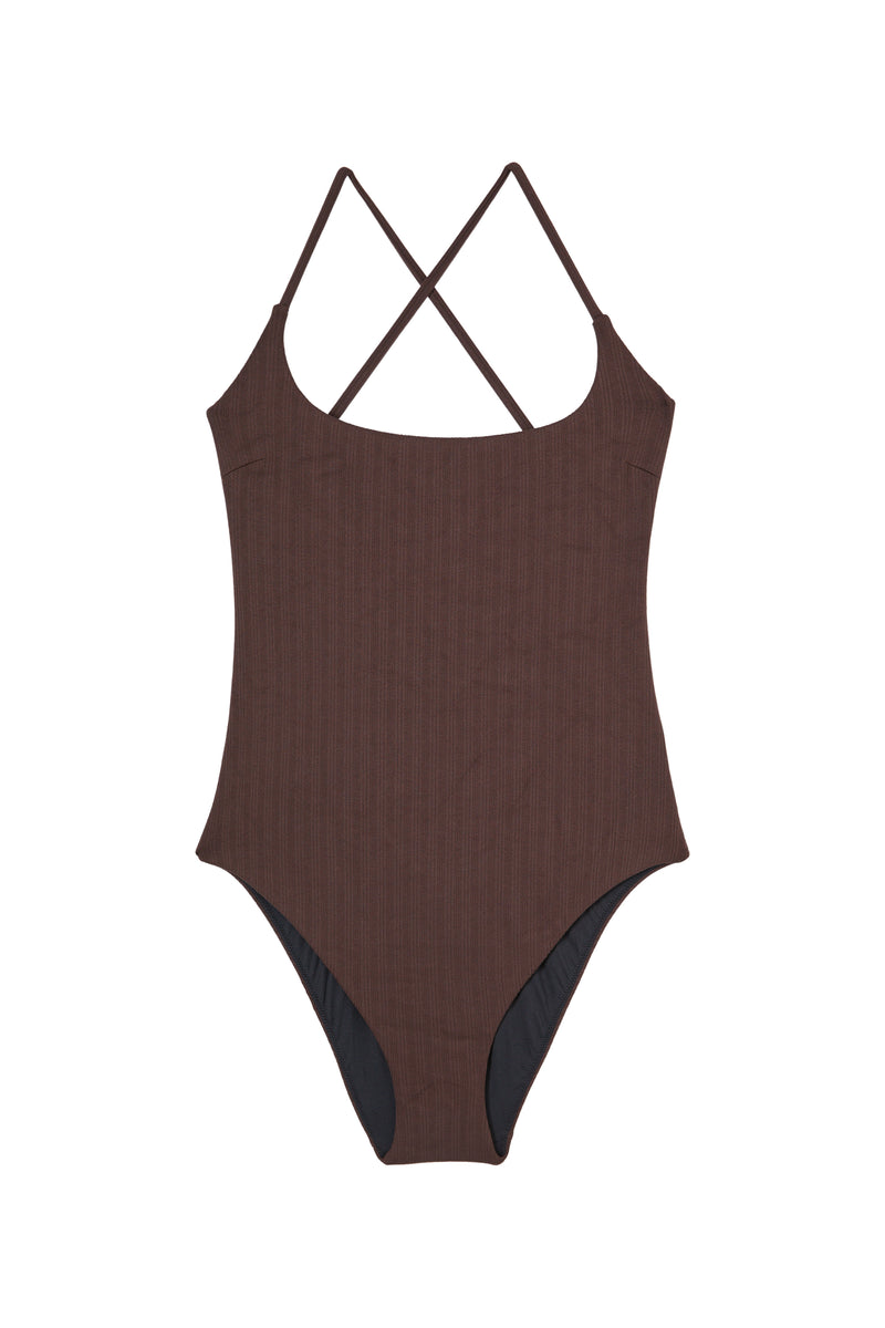 STELLA chocolate lace-up one-piece swimsuit, flat packshot by Rouje x Etam