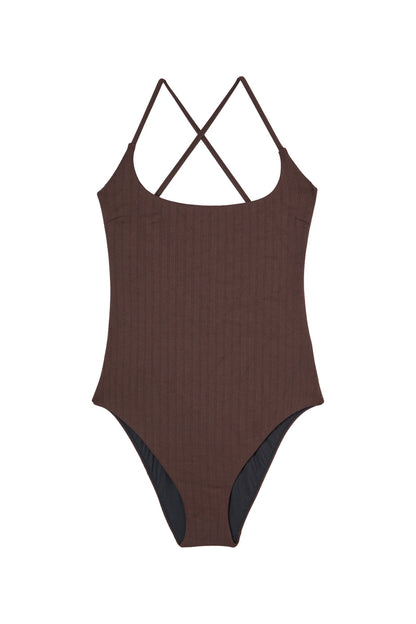 STELLA chocolate lace-up one-piece swimsuit, flat packshot by Rouje x Etam