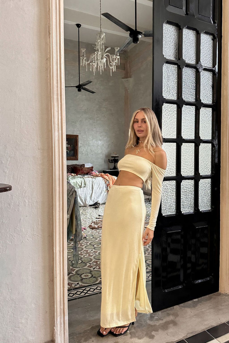 Yellow crop top with elegant accents, a yellow corset top essential.