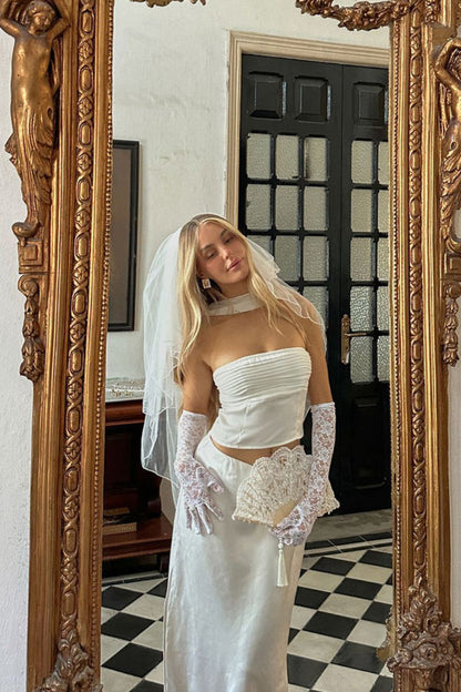 Mallorca White Strapless Top styled in a complete look from an alternate angle.