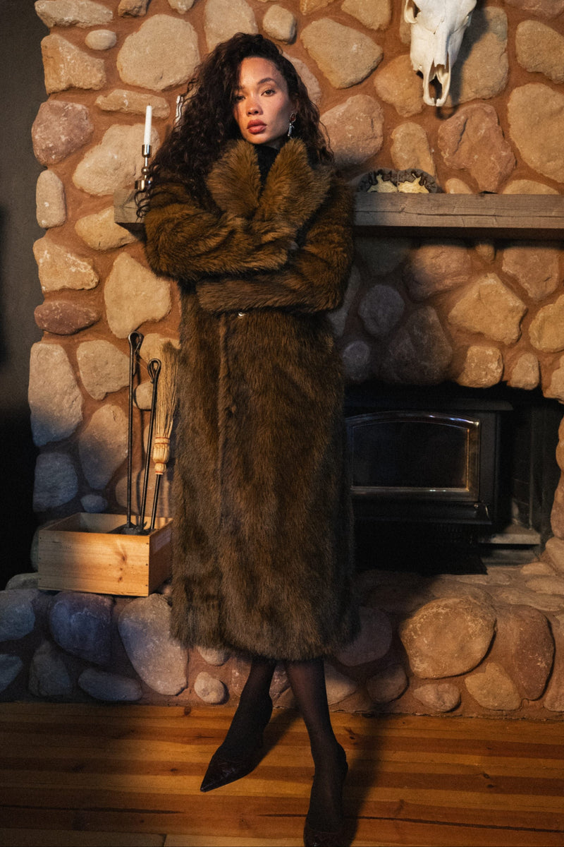 Detail shot of the Manhattan Brown Faux Fur Coat highlighting the faux fur elements.