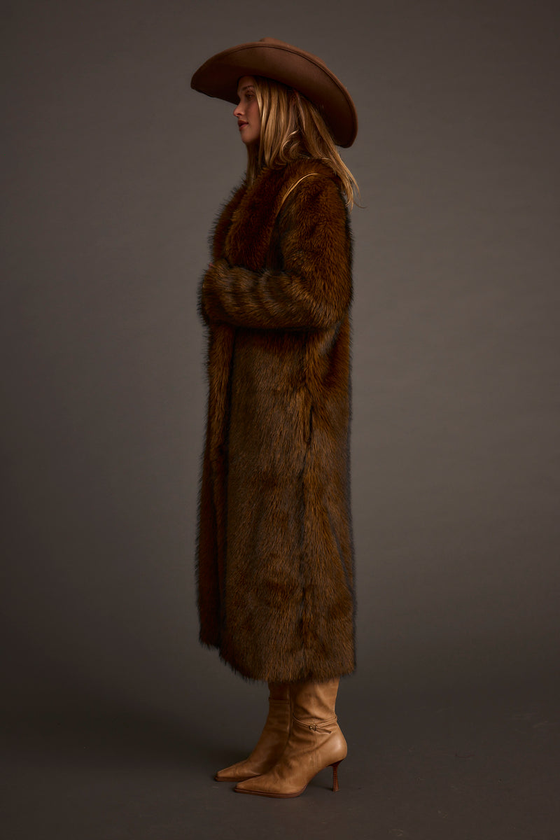 Additional view of the Manhattan Brown Faux Fur Coat from a different perspective.