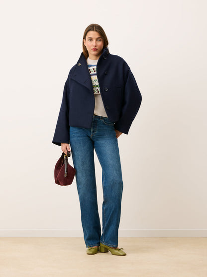 GEDEON night wool short coat, lifestyle setting by Rouje