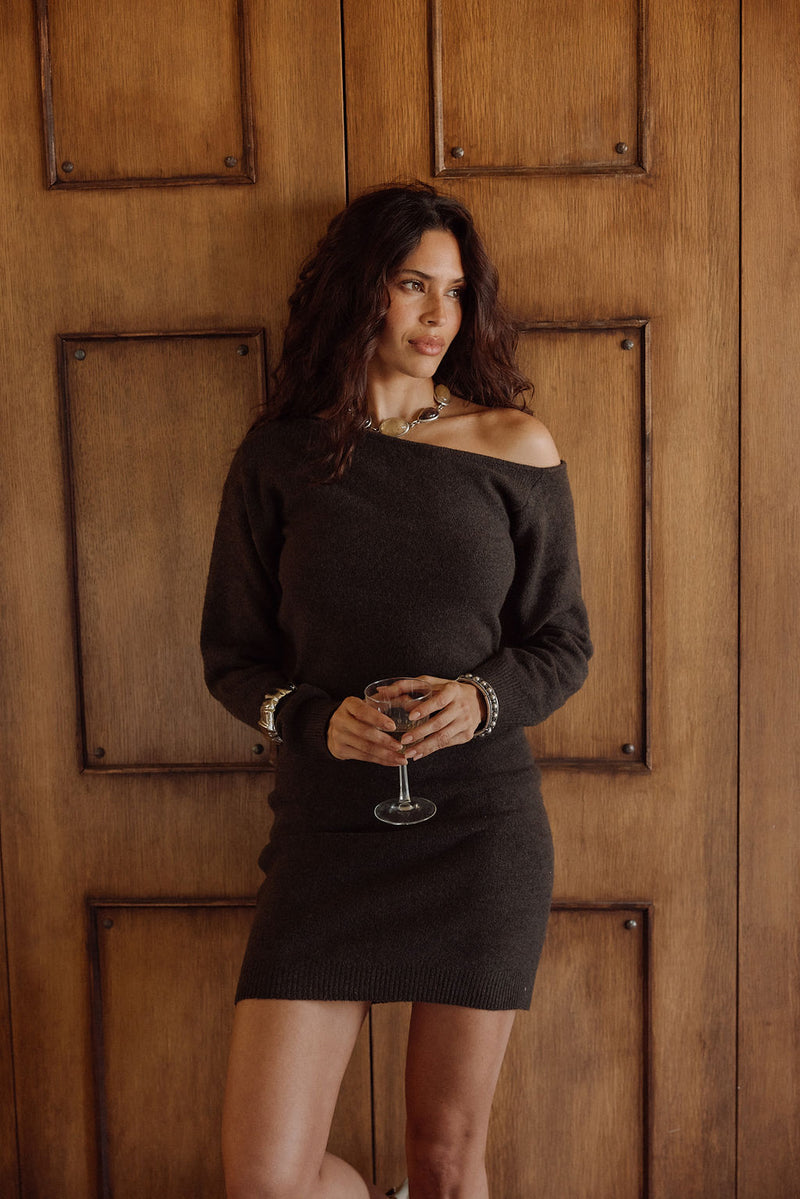 Margaret Mocha Sweater Mini Dress styled in a complete look from an alternate angle.