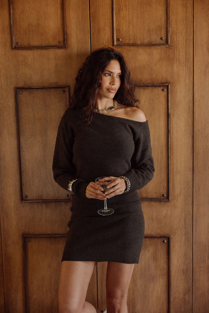 Margaret Mocha Sweater Mini Dress styled in a complete look from an alternate angle.