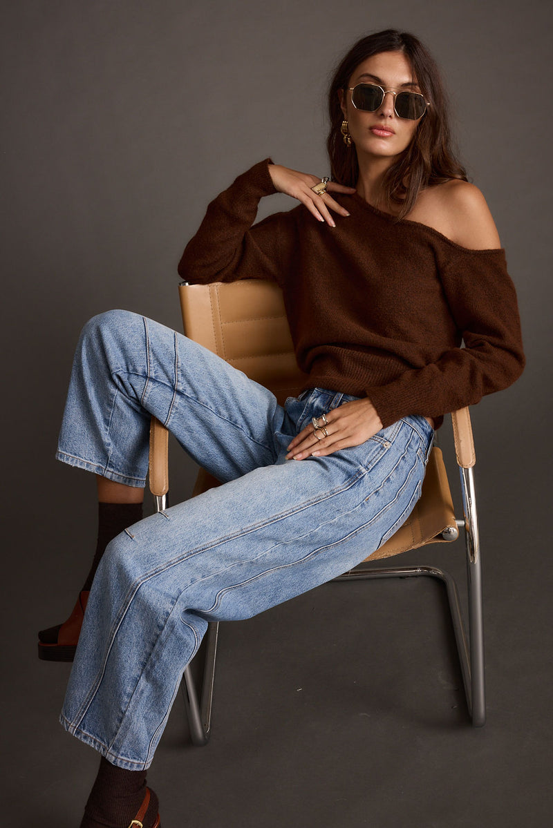 Additional view of the Margot Cinnamon Asymmetrical Sweater from a different perspective.