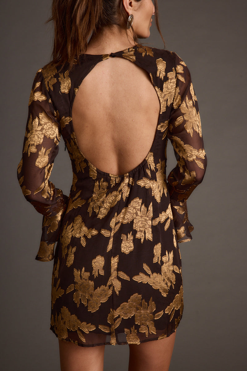 Marissa Gold and Black Floral Mini Dress paired with complementary accessories for a polished look.