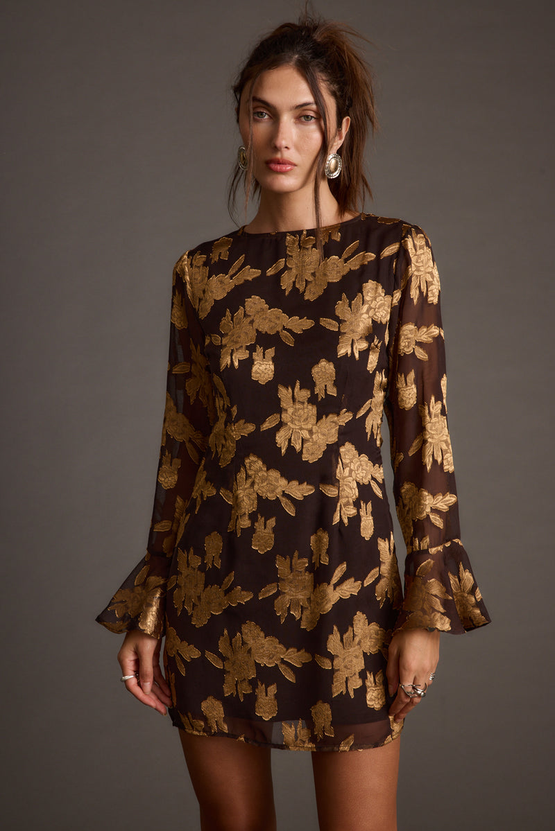 Detail shot of the Marissa Gold and Black Floral Mini Dress highlighting the design elements.