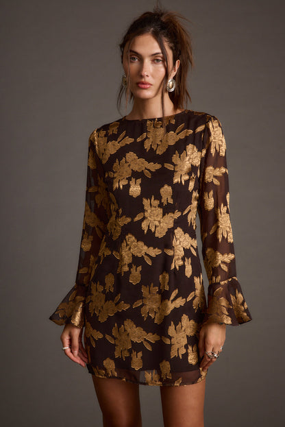 Detail shot of the Marissa Gold and Black Floral Mini Dress highlighting the design elements.
