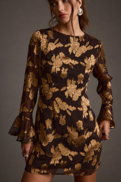 Additional view of the Marissa Gold and Black Floral Mini Dress from a different perspective.