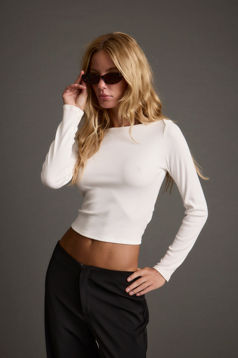 Matti White Boat Neck Top styled in a complete look from an alternate angle.