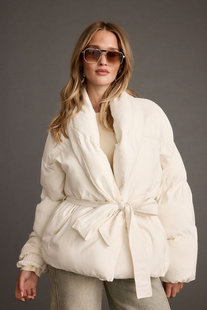 Maverick White Belted Puffer Coat styled in a complete look from an alternate angle.