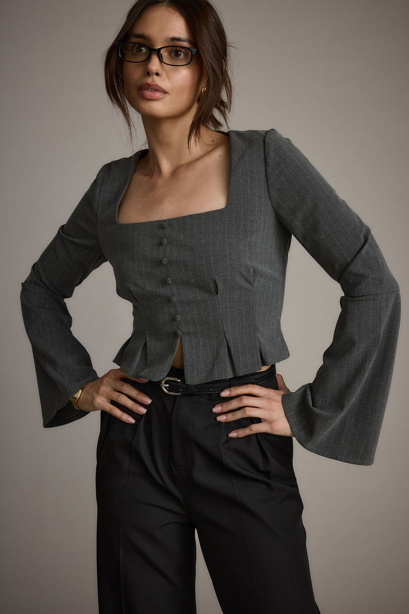 McGrath Grey Pinstripe Long Sleeve Top styled in a complete look from an alternate angle.