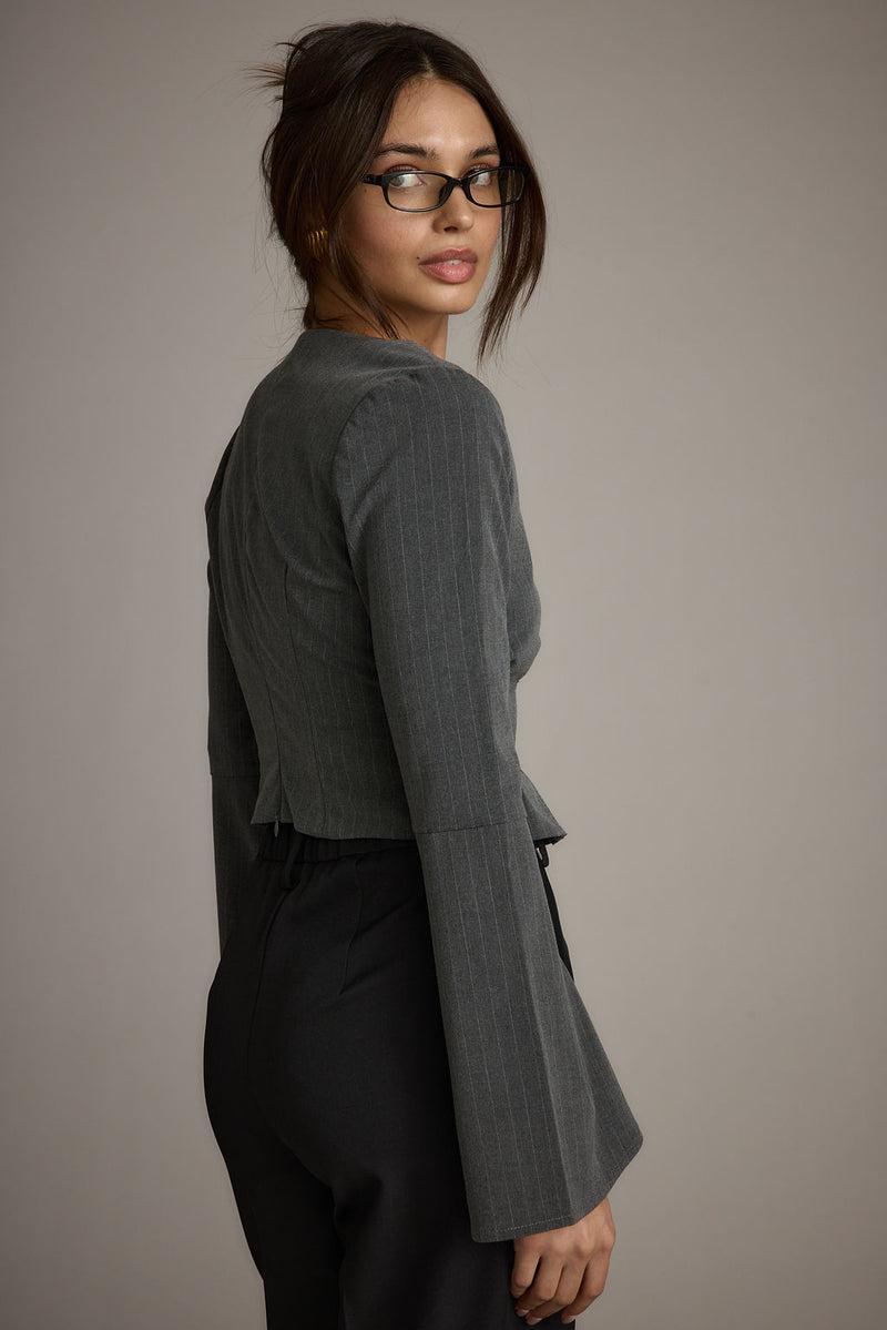 McGrath Grey Pinstripe Long Sleeve Top paired with complementary accessories for a polished look.