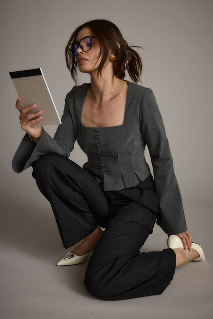 Detail shot of the McGrath Grey Pinstripe Long Sleeve Top highlighting the design elements.