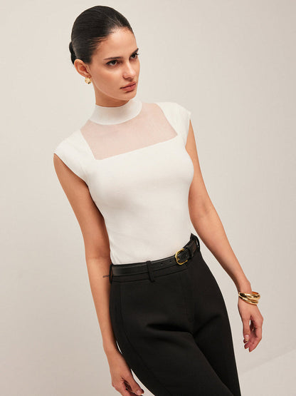 Mesh Panel Mock Neck Top Sweater Vests