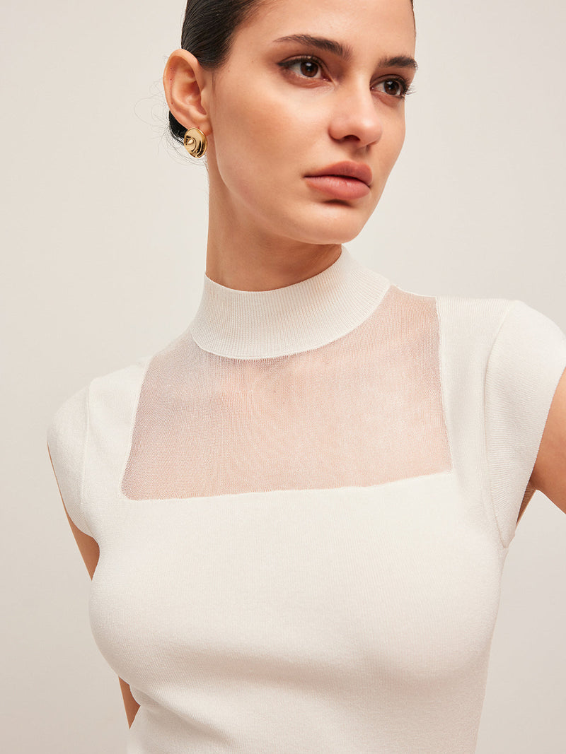 Mesh Panel Mock Neck Top Sweater Vests