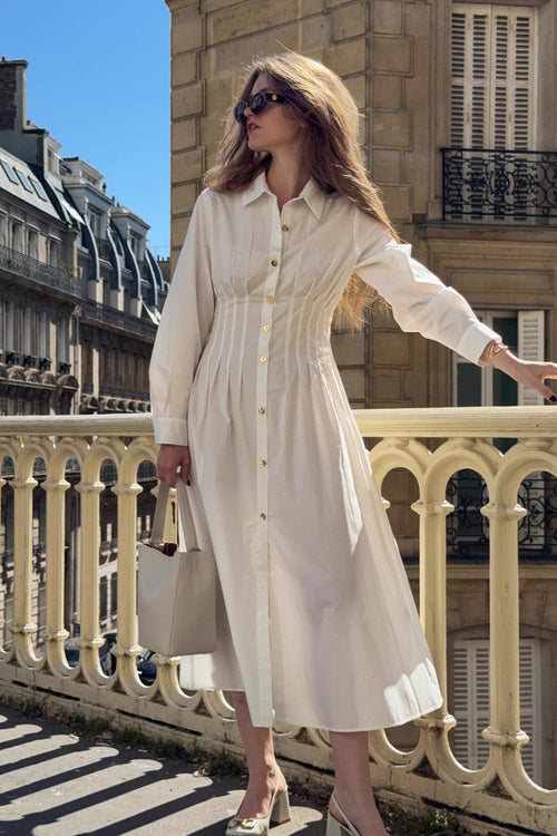 Metal Button Collared Long Sleeve Midi Dress