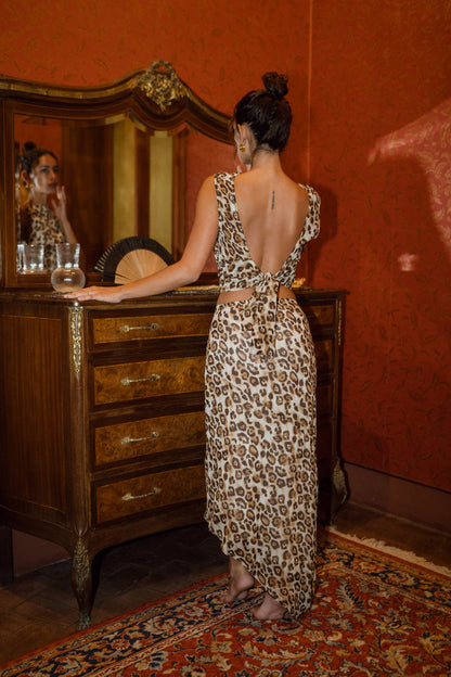 Mila Leopard Maxi Skirt styled in a complete look from an alternate angle.