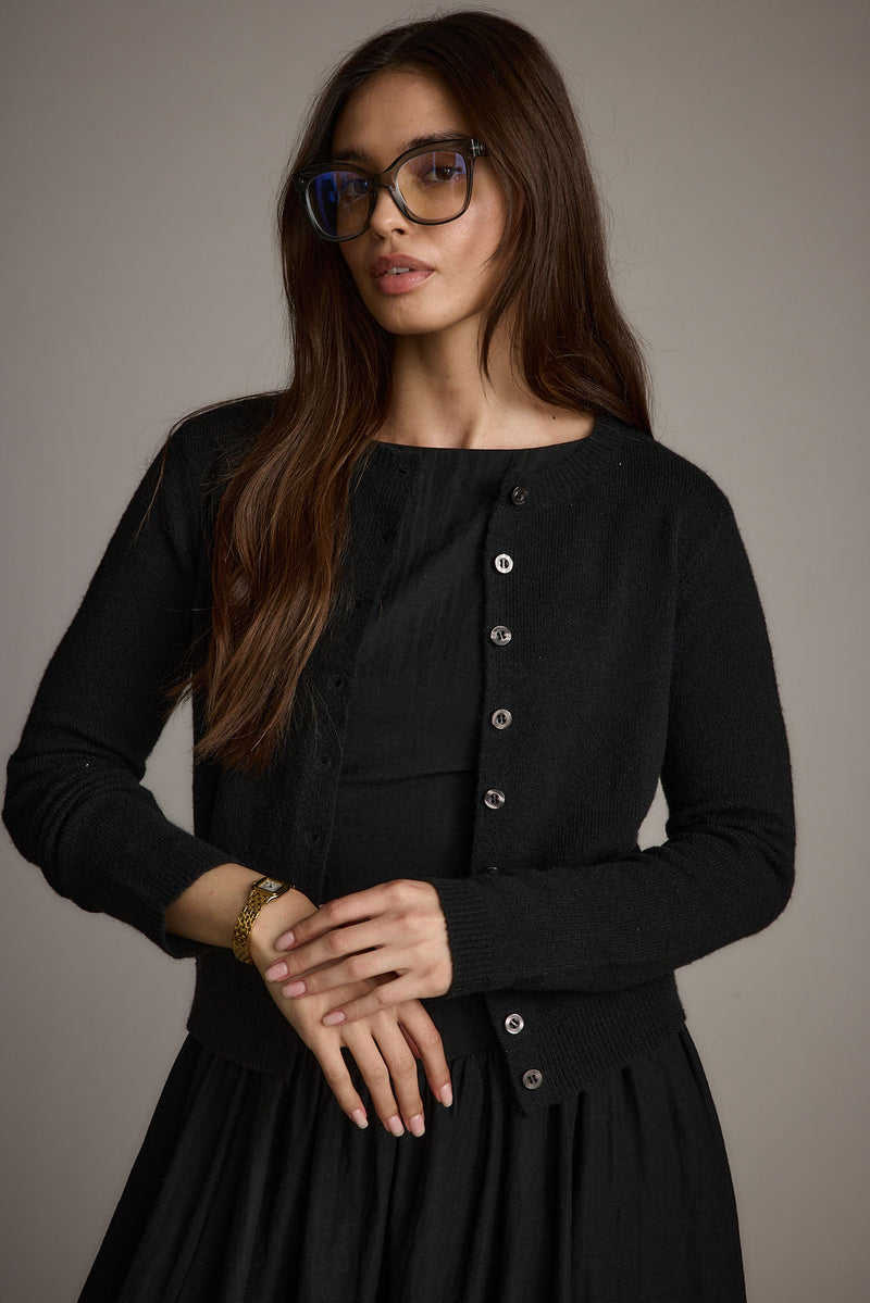Additional view of the Mindy Black Crew Neck Cardigan from a different perspective.