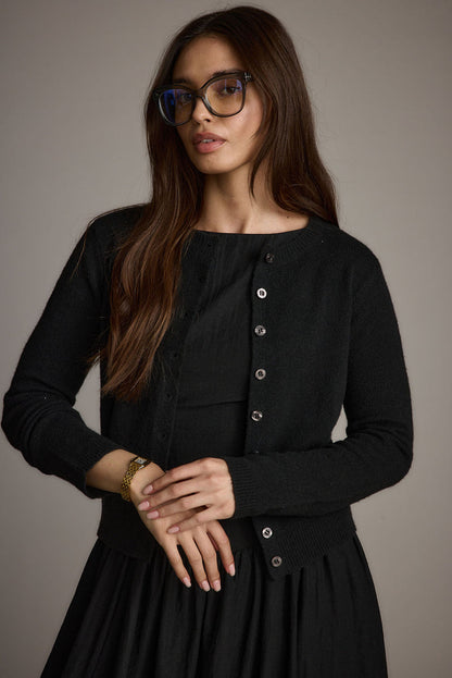 Additional view of the Mindy Black Crew Neck Cardigan from a different perspective.