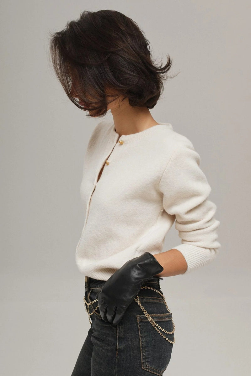 Minimalist Knitted Gold Buckle Crew Neck Cardigan