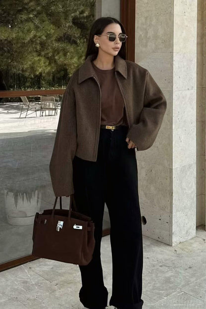 Minimalist Lapel Short Wool Coat Brown / S coats