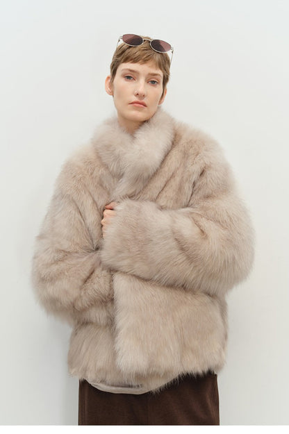 Minimalist Mid-Length Faux Fur Stand Collar Coat