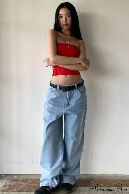 Minimalist Pocket Embroidery Relaxed Wide Leg Jeans Light blue / S